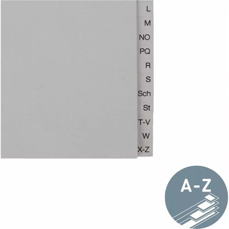 LEITZ Tauenpapier registro skirtukai, A-Z, A4, pusės aukščio, 20 dalių, pilki, 100 gsm, 80 mm perforacija, su skylių sutvirtinimu (6095-00-85)