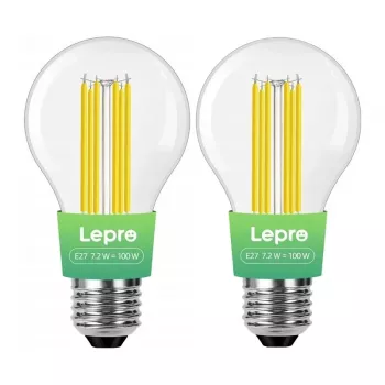 LEPRO 100094-WW-EU-2 E27 kaitinamojo siūlo LED lemputė, 7,2W (atitinka 100W), 1521 lm, 2700K šilta balta, energijos klasė A, 2 vnt. pakuotė