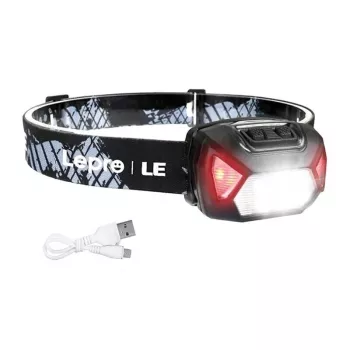 LEPRO 320014 USB įkraunamas LED žibintuvėlis su CREE XPE prožektoriumi, COB šviesos skleidėju, raudona šviesa, IPX4 atsparus vandeniui, 300 liumenų, 1200mAh baterija, reguliuojama elastinė juosta - juoda