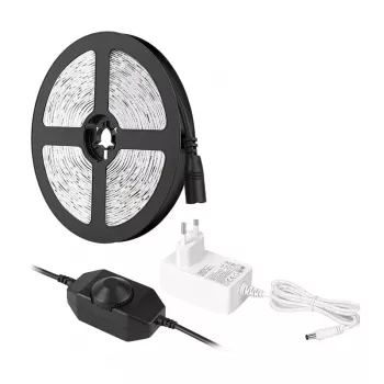 LEPRO PR4100067-DW-EU 5 m šiltai baltos spalvos LED juostos rinkinys su reguliuojamu ryškumu 3000K SMD 2835, 12V 24W 1200lm, 3M lipniu sluoksniu, nuotoliniu reguliatoriumi ir maitinimo šaltiniu, IP20