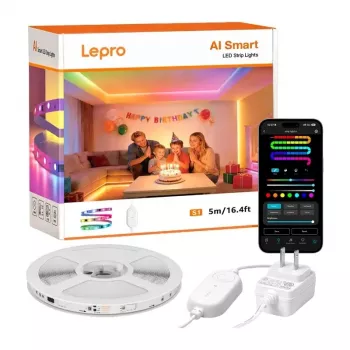 Lepro S1 5m Wi-Fi Bluetooth RGBIC LED juosta – 150 šviesos diodų, 16 mln. spalvų, valdymas programėle ir balsu