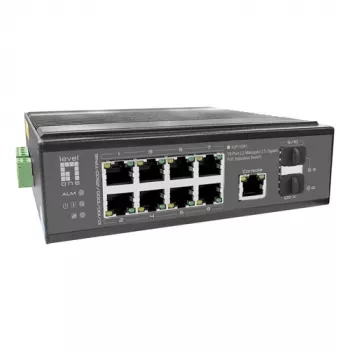 LevelOne pramoninis PoE+ komutatorius 8x 2.5G PoE, 2x 1G, 2x 10G SFP+ Uplinks, nevaldomas, DIN bėgelis, IP30