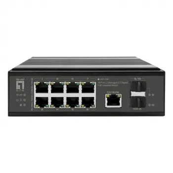 LevelOne pramoninis PoE+ komutatorius 8x 2.5G PoE, 2x 1G, 2x 10G SFP+ Uplinks, nevaldomas, DIN bėgelis, IP30