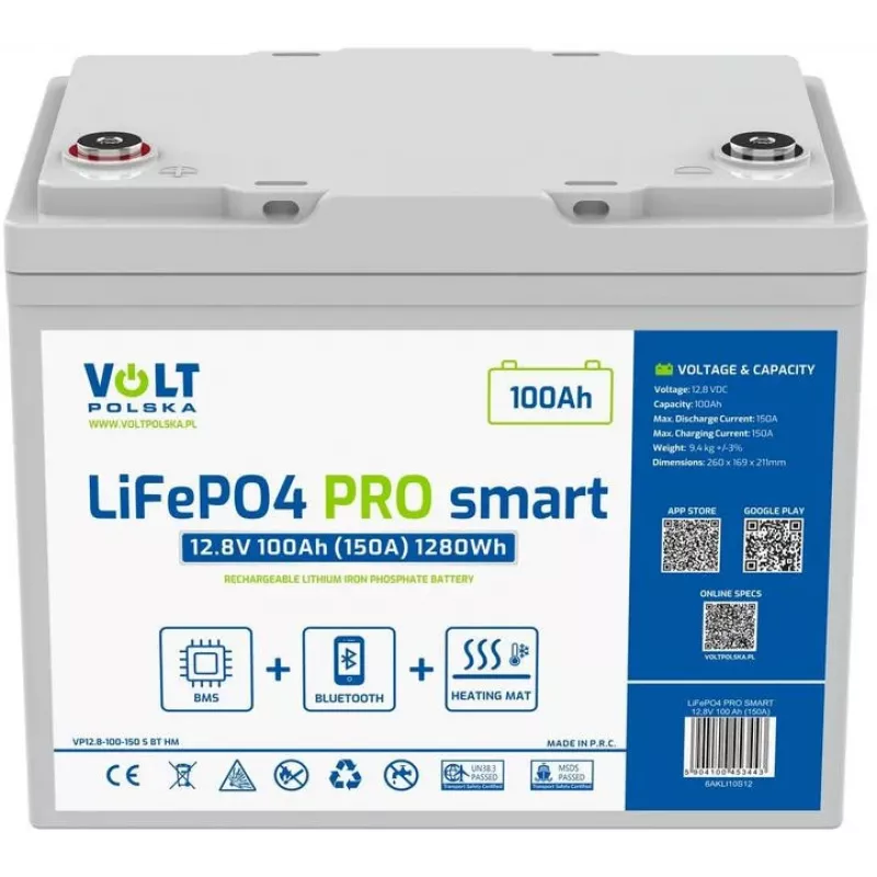 Volt Polska PRO SMART LiFePO4 akumuliatorius 12.8V 100 Ah (150A) BMS BLUETOOTH + ŠILDYMO PLOKŠTĖ
