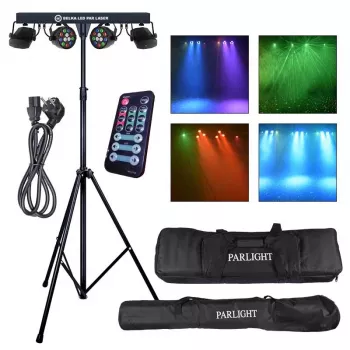LIGHT4ME LED PAR Laser Beam Lighting Kit - 4x PAR šviestuvai su raudonu ir žaliu lazeriu, DMX, nuotolinio valdymo pultas