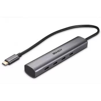 Lindy 4 prievadų USB 3.2 Gen 2 Type C šakotuvas, skirtas prijungti keturis USB Type C įrenginius per kompiuterio USB Type-C prievadą (43384)