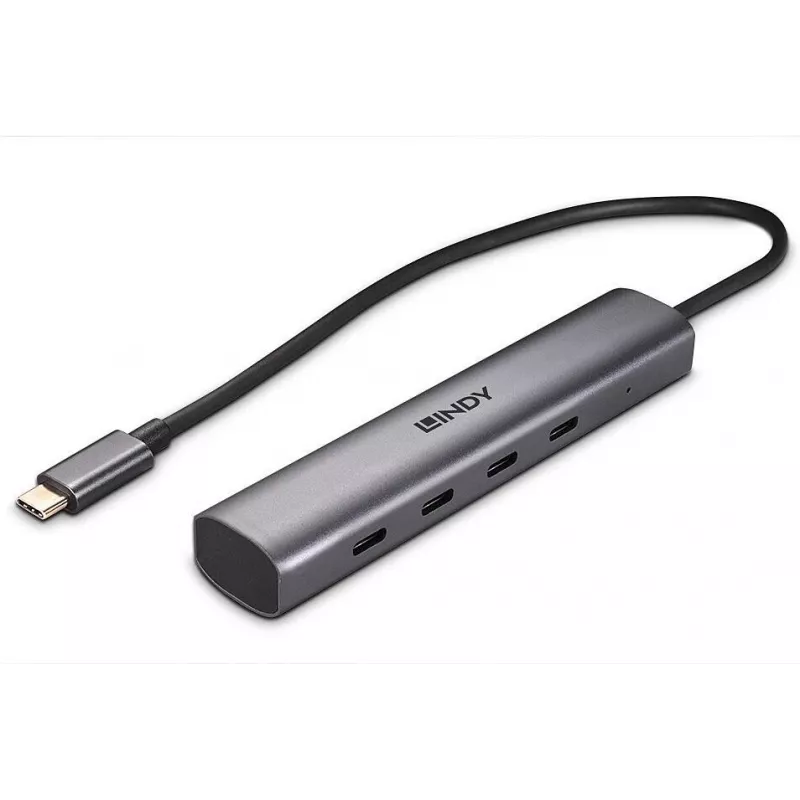 Lindy 4 prievadų USB 3.2 Gen 2 Type C šakotuvas, skirtas prijungti keturis USB Type C įrenginius per kompiuterio USB Type-C prievadą (43384)