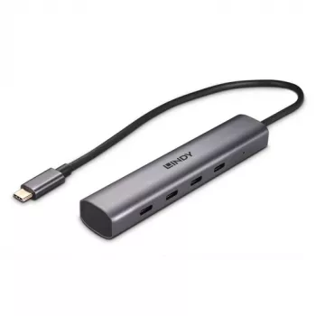 Lindy 4 prievadų USB 3.2 Gen 2 Type C šakotuvas, skirtas prijungti keturis USB Type C įrenginius per kompiuterio USB Type-C prievadą (43384)