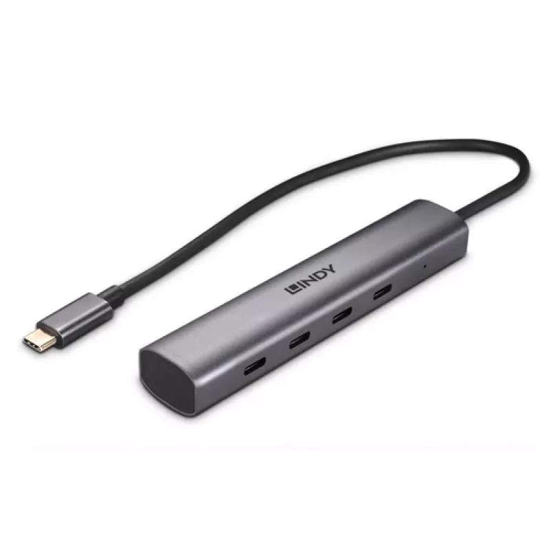 Lindy 4 prievadų USB 3.2 Gen 2 Type C šakotuvas, skirtas prijungti keturis USB Type C įrenginius per kompiuterio USB Type-C prievadą (43384)