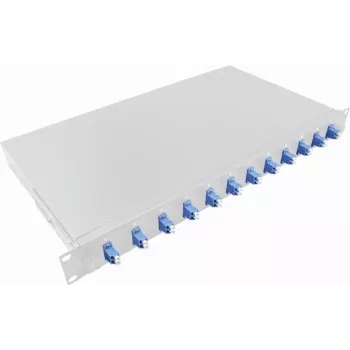LogiLink F12LC2G 19 colių 1U stovo optinis sujungimo modulis LC-Duplex 12 prievadų Single Mode OS2, pilnai komplektuotas, šviesiai pilkas