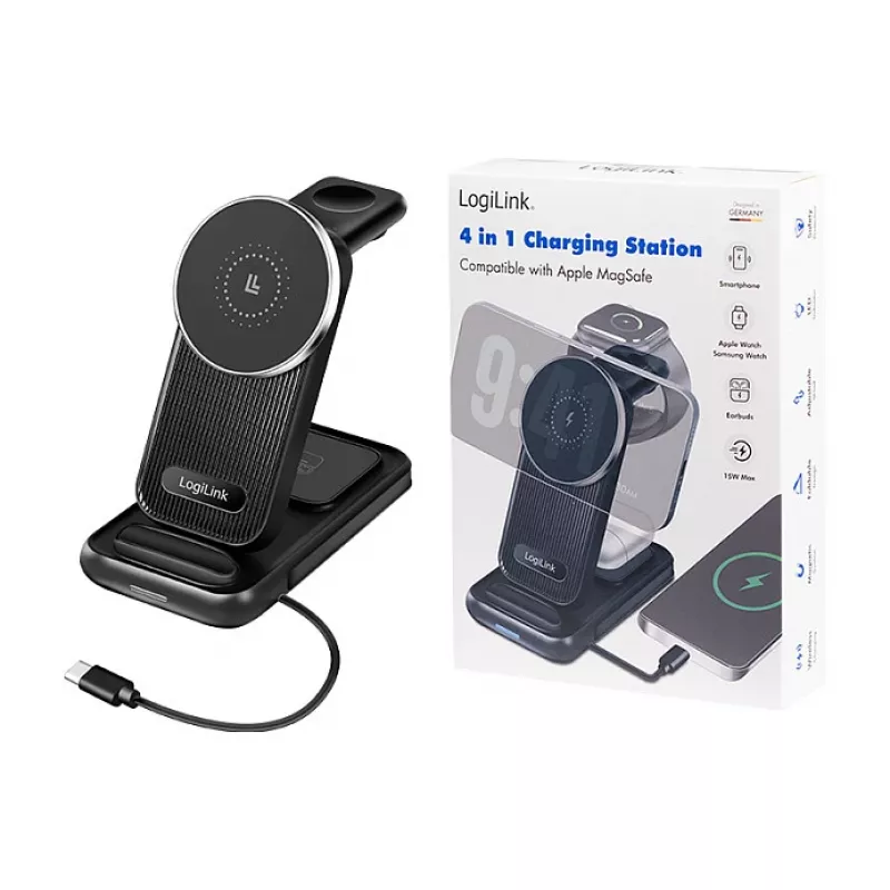 Logilink 4-in-1 belaidžio įkrovimo stotelė, 15W Qi įkrovimo stotis (PA0292)