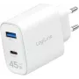 LogiLink 45W GaN USB sieninis įkroviklis, 1x USB-C PD, 1x USB-A QC, baltas, euro kištukas (PA0410)