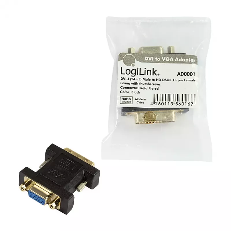 LogiLink AD0001 DVI-I į VGA adapteris, DVI-I kištukas į HD15 lizdą, 1080p, juodos spalvos