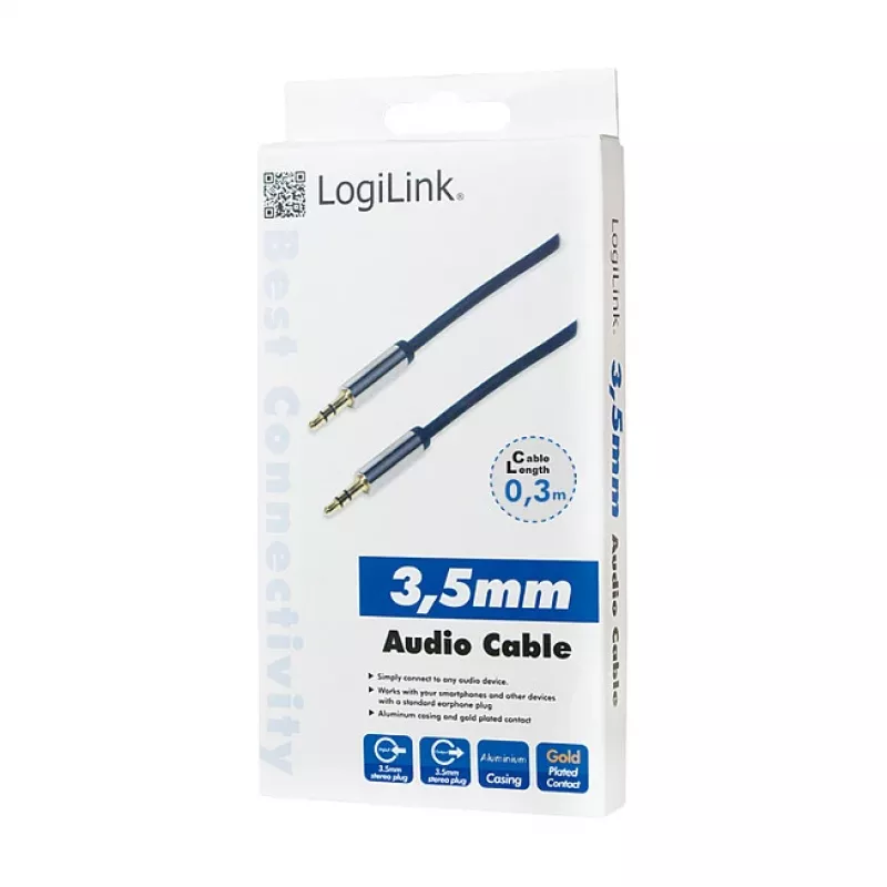 LogiLink CA10030 Premium 3.5mm TRS Male to Male garso laidas, metalinės jungtys, mėlynas, 0,3 m