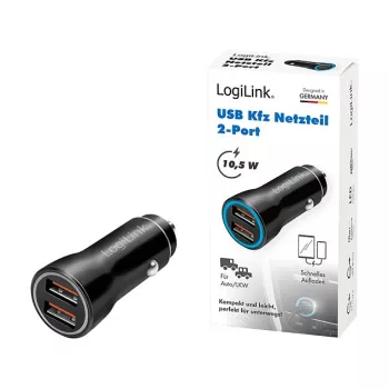 LogiLink PA0285 2 prievadų USB automobilinis įkroviklis 10,5 W, su LED apšvietimu, juodas