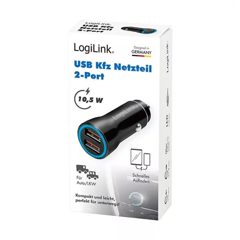 LogiLink PA0285 2 prievadų USB automobilinis įkroviklis 10,5 W, su LED apšvietimu, juodas