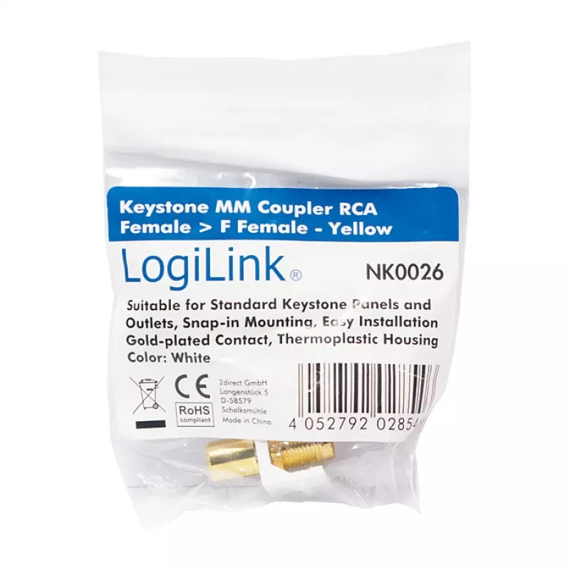 LogiLink NK0026 Keystone RCA Female–F Female Coupler Modulis, geltonas