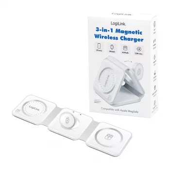LOGILINK PA0344 belaidis magnetinis 3-in-1 įkroviklis Apple įrenginiams, baltas, sulankstomas, MagSafe, 15W