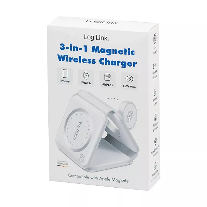 LOGILINK PA0344 belaidis magnetinis 3-in-1 įkroviklis Apple įrenginiams, baltas, sulankstomas, MagSafe, 15W