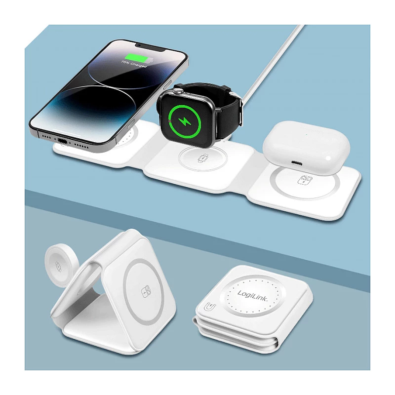 LOGILINK PA0344 belaidis magnetinis 3-in-1 įkroviklis Apple įrenginiams, baltas, sulankstomas, MagSafe, 15W