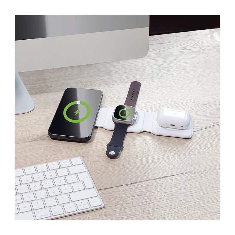 LOGILINK PA0344 belaidis magnetinis 3-in-1 įkroviklis Apple įrenginiams, baltas, sulankstomas, MagSafe, 15W