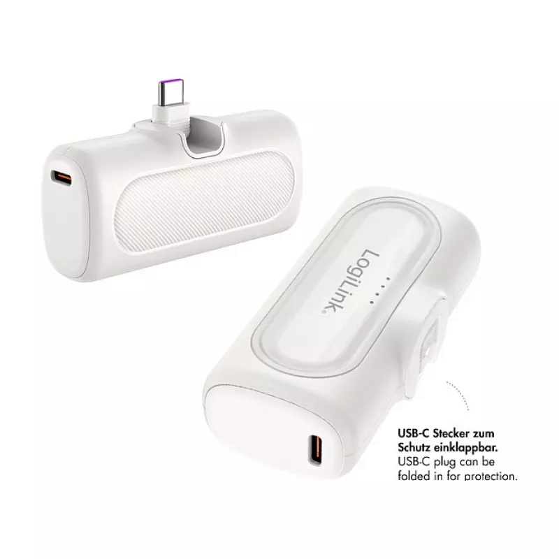 LogiLink PA0349W Mobilus maitinimo bankas, 5000 mAh, LiPo, Įmontuotas sulankstomas USB-C kištukas ir USB-C prievadas, Balta