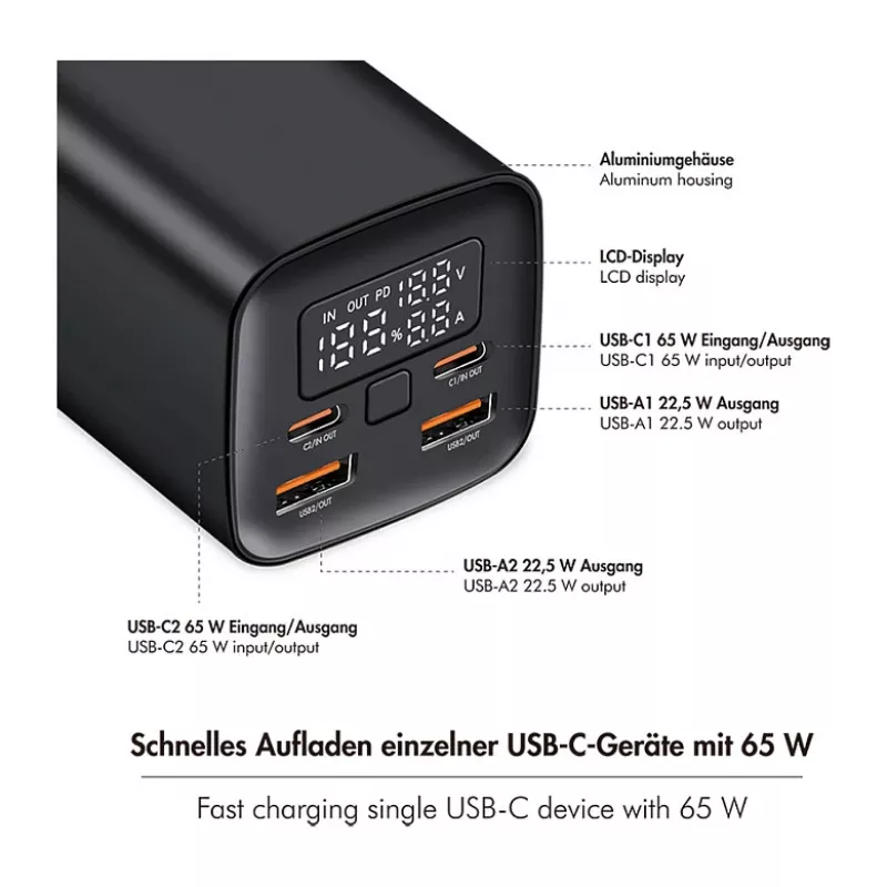 Logilink PA0350 Mobile Power Bank, 20 000 mAh, 65W PD & QC 3.0, juoda
