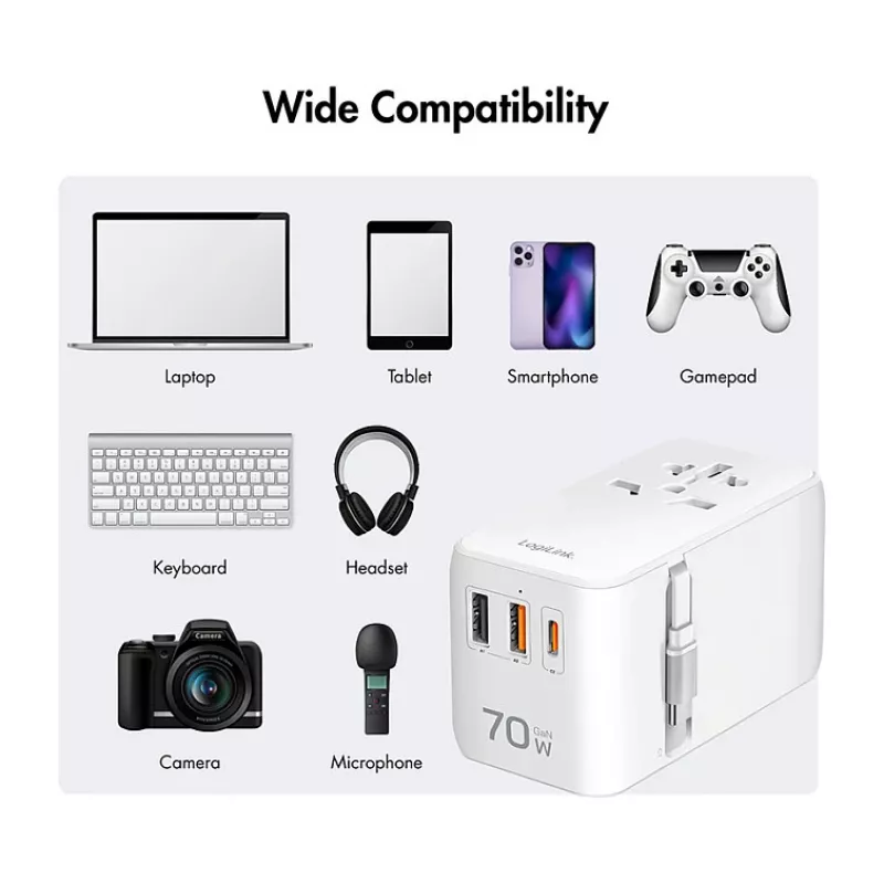 LOGILINK PA0357 USB-A/C kelioninis įkroviklis, 70 W GaN, 4 prievadai, 2x USB-A (QC), 2x USB-C (PD), plonas, baltas