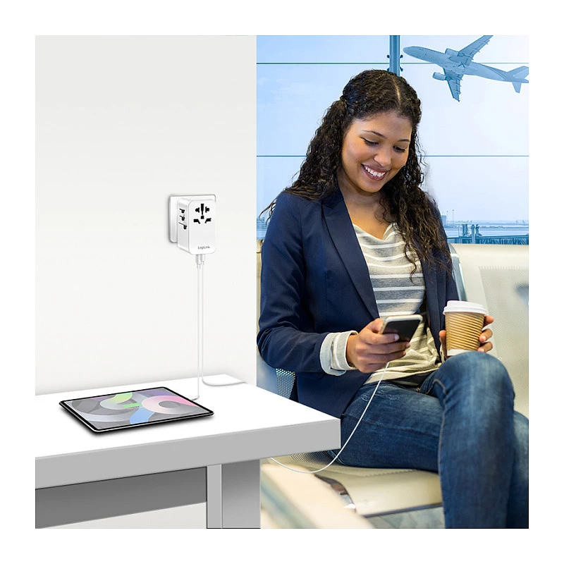 LOGILINK PA0357 USB-A/C kelioninis įkroviklis, 70 W GaN, 4 prievadai, 2x USB-A (QC), 2x USB-C (PD), plonas, baltas