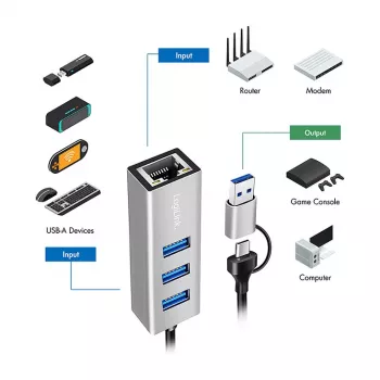 Logilink UA0440 USB 3.2 Gen 1 3 prievadų šakotuvas su Gigabit Ethernet adapteriu, USB-C ir USB-A jungtimis, aliuminio korpusas