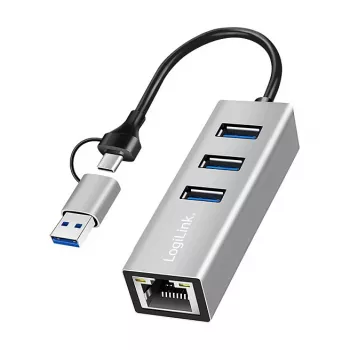 Logilink UA0440 USB 3.2 Gen 1 3 prievadų šakotuvas su Gigabit Ethernet adapteriu, USB-C ir USB-A jungtimis, aliuminio korpusas