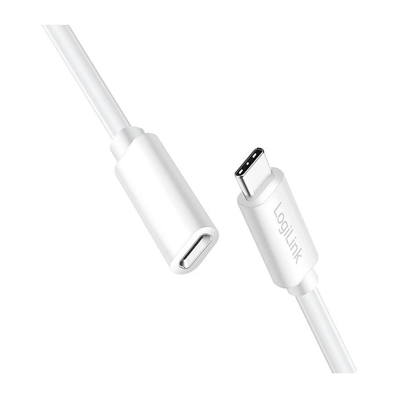 LOGILINK USB 2.0 Type-C prailginimo laidas – USB-C kištukas į lizdą, 480 Mbps, 100W Power Delivery, baltas, 1m