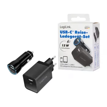 Logilink USB-A/C įkrovimo rinkinys, 15 W, po 1x USB-A, 1x USB-C, juodos spalvos