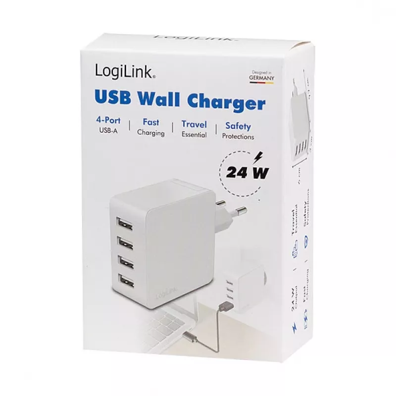 Logilink USB-A įkroviklis, 24 W, 4 prievadai, 4x USB-A, baltas