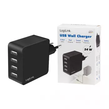 LogiLink USB-A sieninis įkroviklis, 24W, 4 prievadai, 4x USB-A, juodas