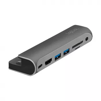 LOGILINK USB-C dokų stotelė, 7 prievadų, USB 3.2 Gen1, 100W PD, 4K HDMI, iPad, aliuminis (UA0385)