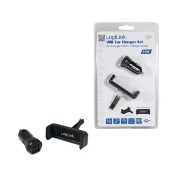 LogiLink USB automobilinis įkroviklio rinkinys, 2 prievadų įkroviklis ir laikiklis