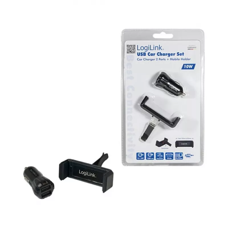 LogiLink USB automobilinis įkroviklio rinkinys, 2 prievadų įkroviklis ir laikiklis