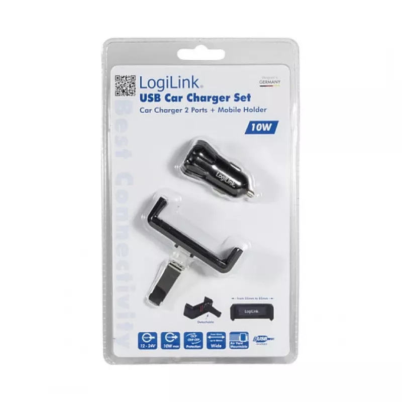 LogiLink USB automobilinis įkroviklio rinkinys, 2 prievadų įkroviklis ir laikiklis