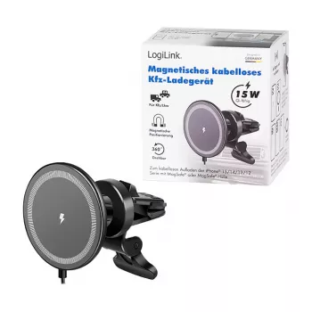 LogiLink belaidis automobilinis įkroviklis su išmaniojo telefono laikikliu 15W, apvalus, Qi, automatinis fiksavimas, ventiliacijos ir prisisurbimo laikiklis, juodas
