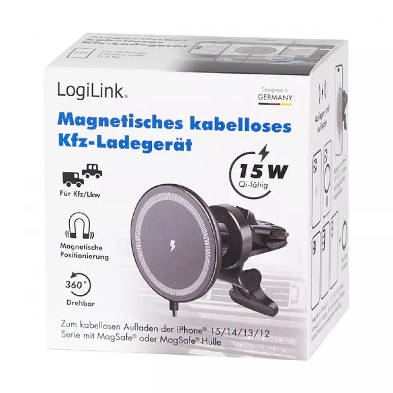 LogiLink belaidis automobilinis įkroviklis su išmaniojo telefono laikikliu 15W, apvalus, Qi, automatinis fiksavimas, ventiliacijos ir prisisurbimo laikiklis, juodas