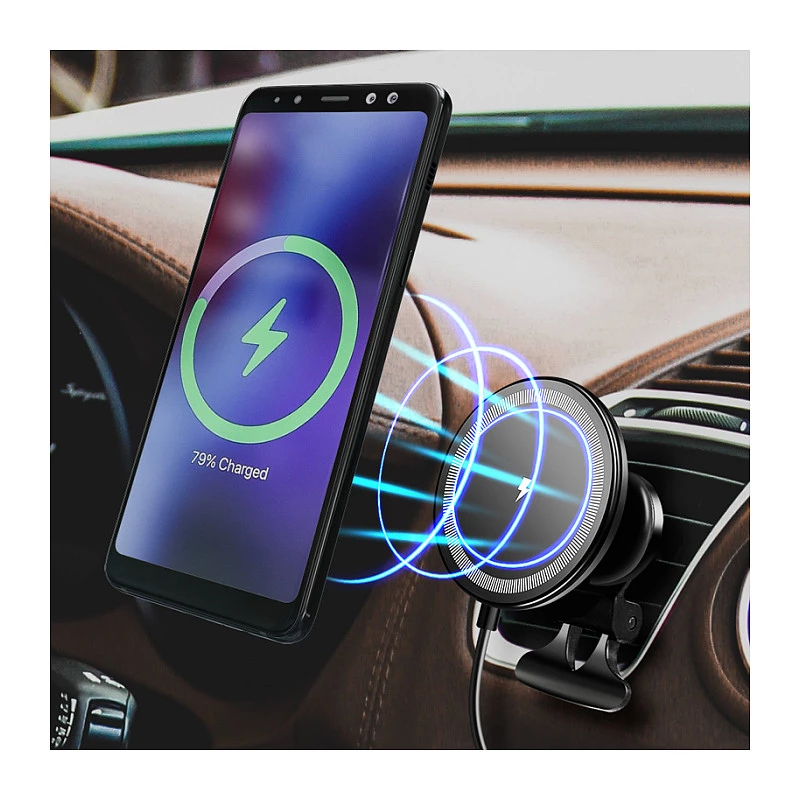 LogiLink belaidis automobilinis įkroviklis su išmaniojo telefono laikikliu 15W, apvalus, Qi, automatinis fiksavimas, ventiliacijos ir prisisurbimo laikiklis, juodas