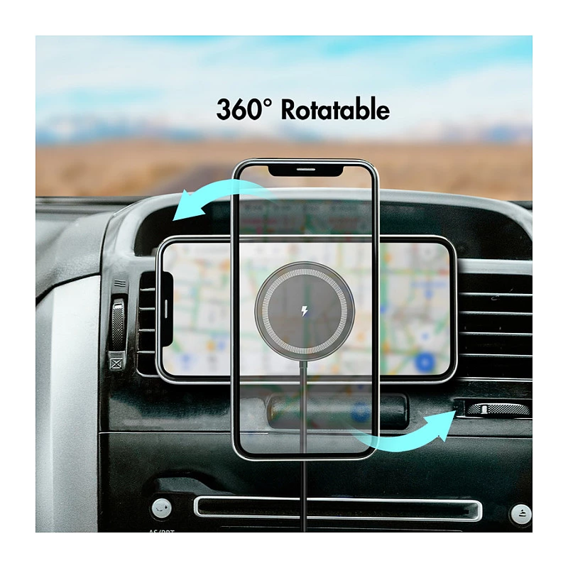 LogiLink belaidis automobilinis įkroviklis su išmaniojo telefono laikikliu 15W, apvalus, Qi, automatinis fiksavimas, ventiliacijos ir prisisurbimo laikiklis, juodas