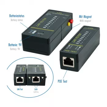 LOGILINK WZ0080 LAN kabelių testeris ir PoE ieškiklis su magnetu, žibintuvėliu, apšviestu LCD ekranu, 300 m veikimo nuotoliu