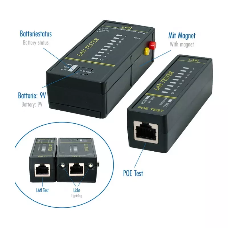 LOGILINK WZ0080 LAN kabelių testeris ir PoE ieškiklis su magnetu, žibintuvėliu, apšviestu LCD ekranu, 300 m veikimo nuotoliu