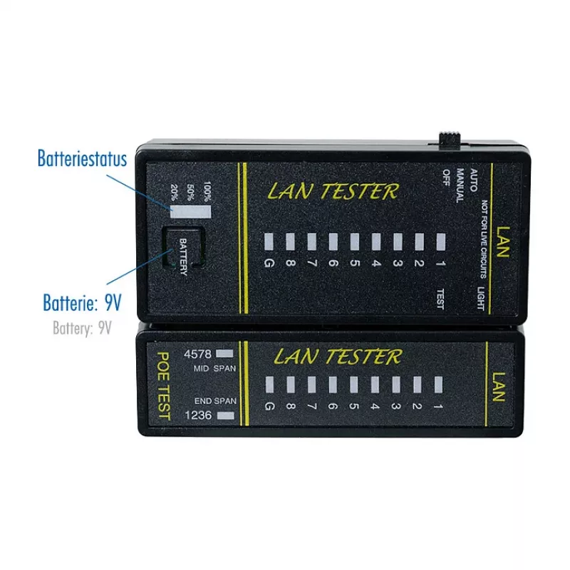 LOGILINK WZ0080 LAN kabelių testeris ir PoE ieškiklis su magnetu, žibintuvėliu, apšviestu LCD ekranu, 300 m veikimo nuotoliu