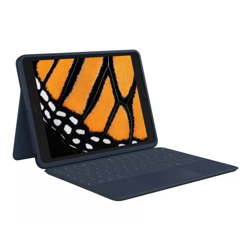 Logitech Rugged Combo 3 Touch for Education – klaviatūra ir dėklas su jutikliniu kilimėliu, Apple Smart Connector, AZERTY, prancūziška, klasikinė mėlyna, skirta švietimui, Apple 10,2 colio iPad