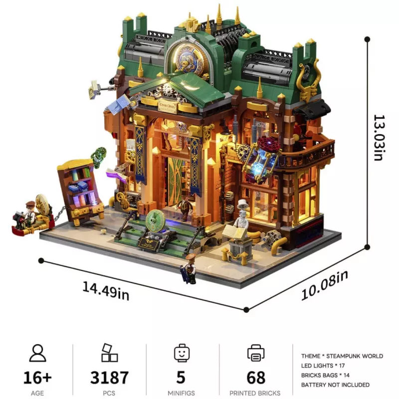 „Lumibricks Steampunk Time Rift Library“ – DIY miniatiūrinė knygų nišos konstrukcija