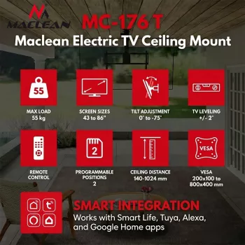 Maclean MC-176 T elektrinis lubinis TV laikiklis su Tuya Smart valdymu, VESA 200x200–800x400, 43–86 colių televizoriams, 55 kg apkrova, juodas