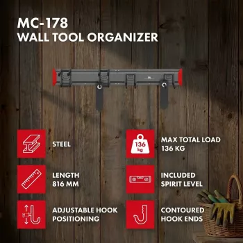 Maclean MC-178 Sieninis plieninis įrankių organizatorius, 136 kg apkrova, 816 mm plotis, perforuota panelė